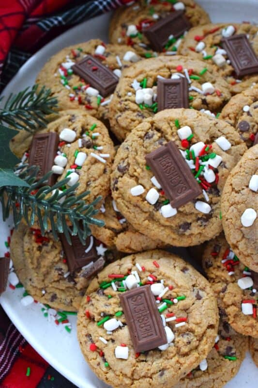 As the name implies, Holiday S'mores Cookies are prepared to resemble the flavour of everyone's favourite backyard fire treat! Baked with graham crumbs, chocolate, and brown sugar, these are a soft-baked cookie with a crispy edge. The texture of the crumbs with the milk chocolate is sensational. Topped with a bar of Hershey's chocolate, these cookies are a must this holiday season! #holiday #smores #cookies #christmas #baking