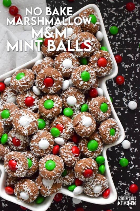 Use melted peppermint flavoured marshmallows in this recipe for even more minty flavour!  Prepared with cocoa, graham crumbs, and coconut, these No Bake Marshmallow M&M Mint Balls are sure to please and delight the peppermint lover in your family! #nobake #mint #dandies #marshmallow #balls #chocolate #candy