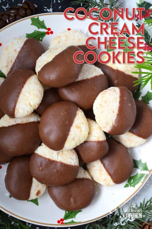 These no bake Coconut Cream Cheese Cookies require only four ingredients and about twenty minutes of your time! They are soft and chewy with just the right amount of sweetness that is well balanced with the addition of the cream cheese.  Make these cookies ahead of time and store them in your freezer! #sweetened #coconut #nobake #cookies #creamcheese #chocolate