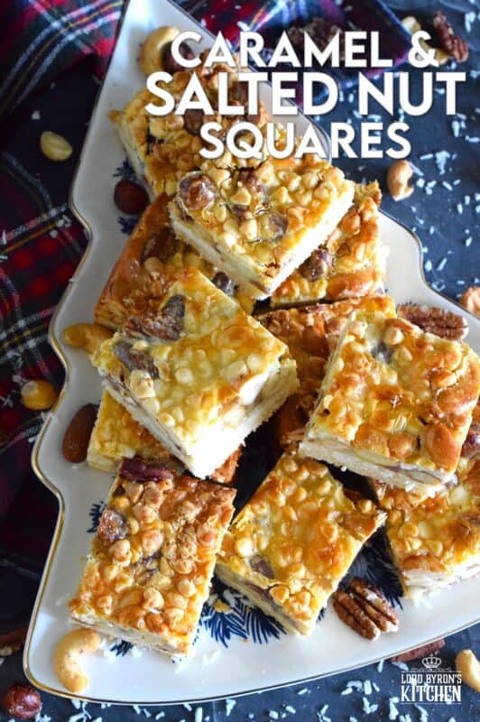 There are so many versions of these layered types of squares, but this one is unique in the way that it uses a store-bought boxed cake mix for the base. You don't need to bake the cake first! Deliciously sweet and sticky Caramel and Salted Nut Squares are so quick and easy to make! #squares #bars #layered #condensed #milk #caramel #nuts #salted