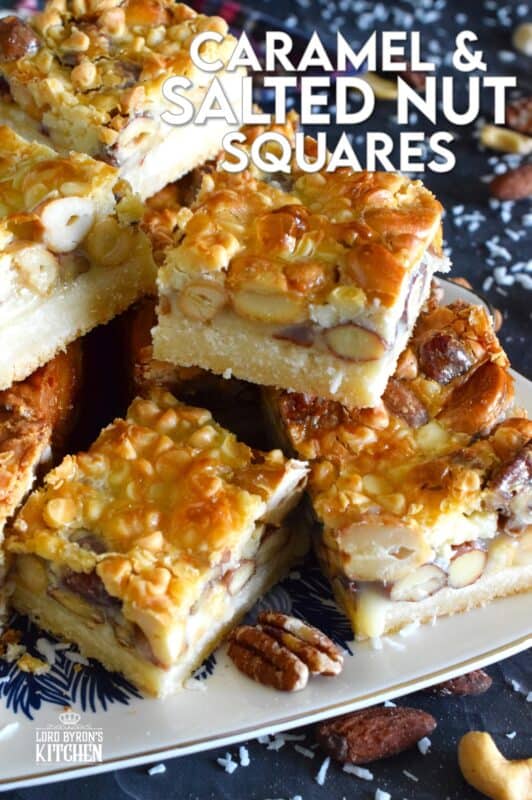 There are so many versions of these layered types of squares, but this one is unique in the way that it uses a store-bought boxed cake mix for the base. You don't need to bake the cake first! Deliciously sweet and sticky Caramel and Salted Nut Squares are so quick and easy to make! #squares #bars #layered #condensed #milk #caramel #nuts #salted