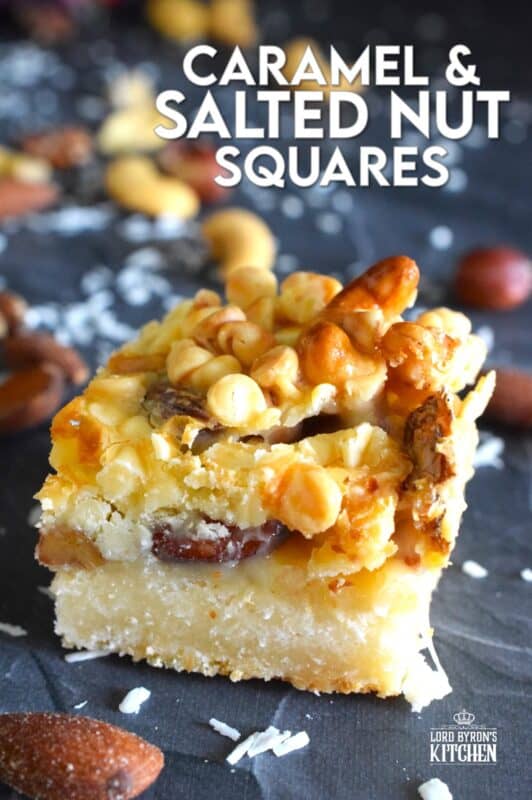 There are so many versions of these layered types of squares, but this one is unique in the way that it uses a store-bought boxed cake mix for the base. You don't need to bake the cake first! Deliciously sweet and sticky Caramel and Salted Nut Squares are so quick and easy to make! #squares #bars #layered #condensed #milk #caramel #nuts #salted