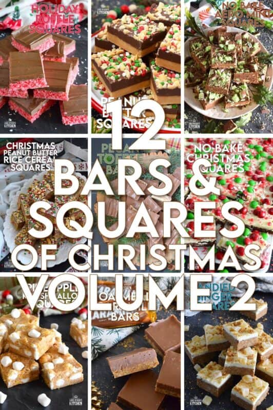 When it comes to baked holiday confections, any cookie in the form of a bar or square always seems to taste a little better than a round cookie. Mostly, this is attributed to the fact that bars and squares have layers or frosting, making the flavours more complex and delicious. 12 Bars and Squares of Christmas - Volume 2 is a collection with at least one for every taste or preference! #collection #nobake #christmas #holiday #squares #bars