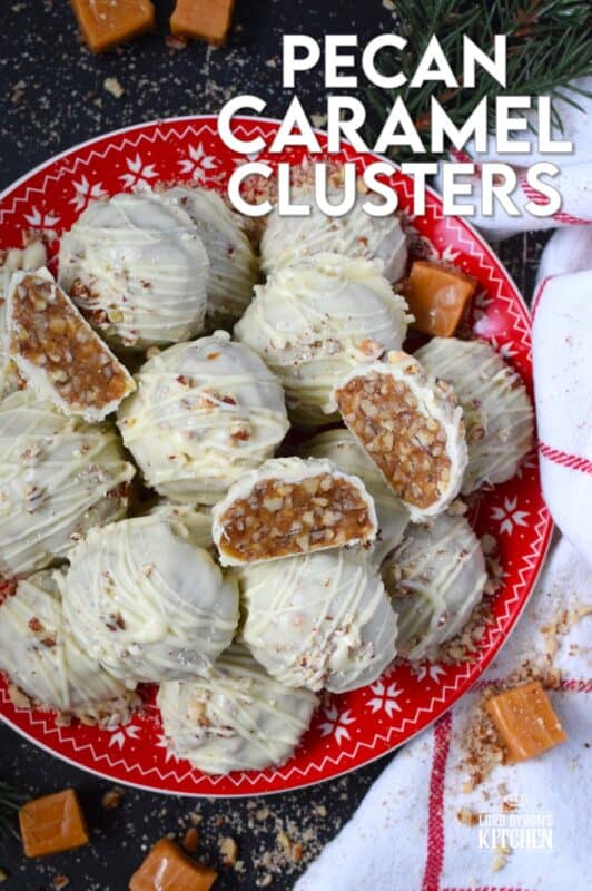 The combination of caramel candy, toasted pecans, and white chocolate make up these Pecan Caramel Clusters.  They are a no-bake confection that requires just a few ingredients and hardly any skill at all! These clusters are rich and decadent - just as they should be at Christmastime! #caramel #pecan #kraft #chocolates #clusters #nobake