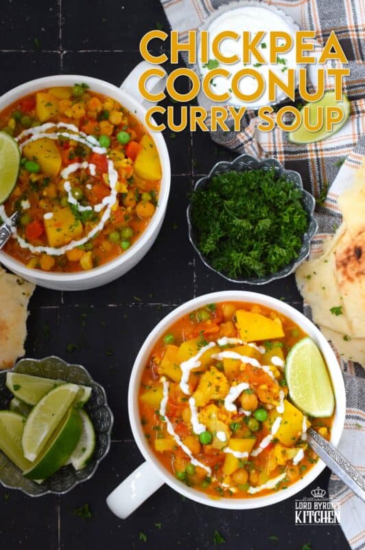 Chickpea Coconut Curry Soup is everything but bland; prepared with lots of vegetables, warming spices, and a fresh burst of lime juice, this soup is also vegetarian and vegan-friendly too! Serve with naan bread for a well-balanced, hearty meal! #curry #coconut #soup #stew #vegan