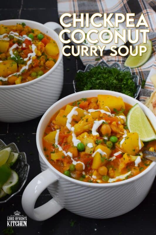 Chickpea Coconut Curry Soup is everything but bland; prepared with lots of vegetables, warming spices, and a fresh burst of lime juice, this soup is also vegetarian and vegan-friendly too! Serve with naan bread for a well-balanced, hearty meal! #curry #coconut #soup #stew #vegan