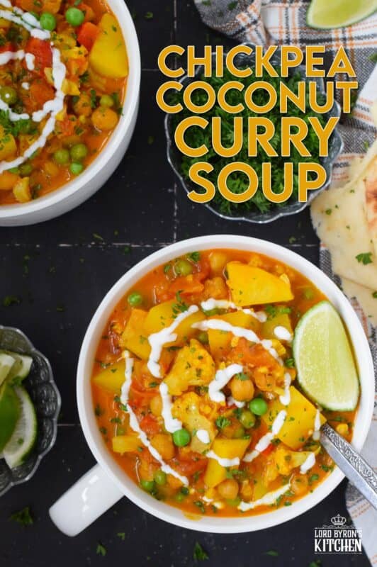 Chickpea Coconut Curry Soup is everything but bland; prepared with lots of vegetables, warming spices, and a fresh burst of lime juice, this soup is also vegetarian and vegan-friendly too! Serve with naan bread for a well-balanced, hearty meal! #curry #coconut #soup #stew #vegan